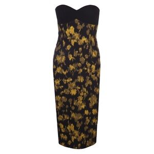MICHAEL KORS • Black Strapless Leaf Print Dress